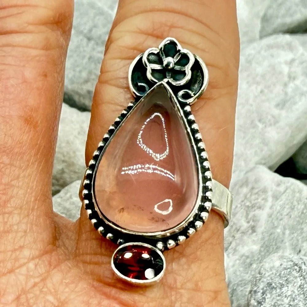 NWT Sterling Silver Rose Quartz & Garnet Ring Size 9 Southwestern Boho 925